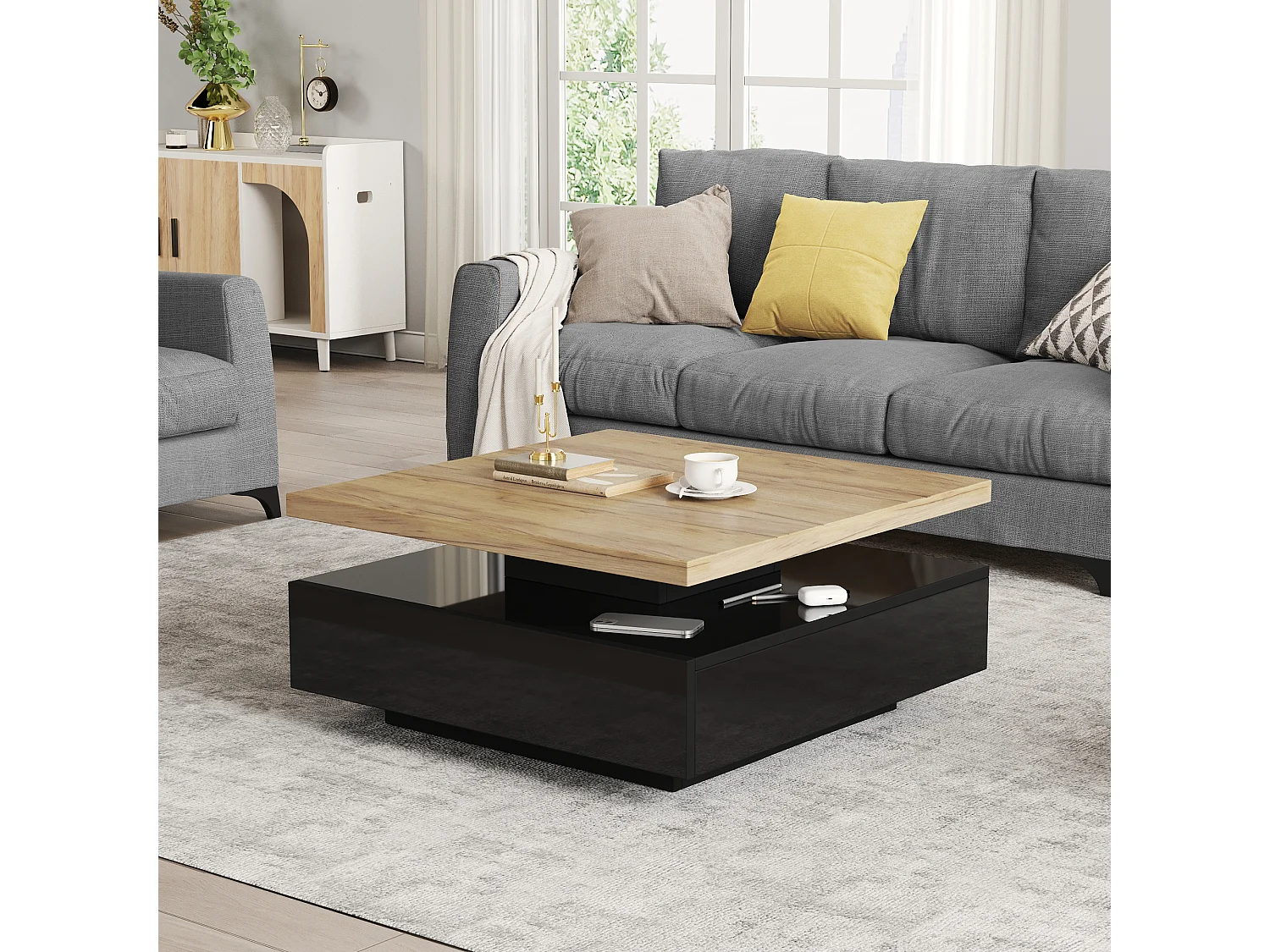 Table basse carrée avec 1 tiroir + plateau pivotant à 360° - 70 x 70 x 36 cm - aggloméré - noir + naturel