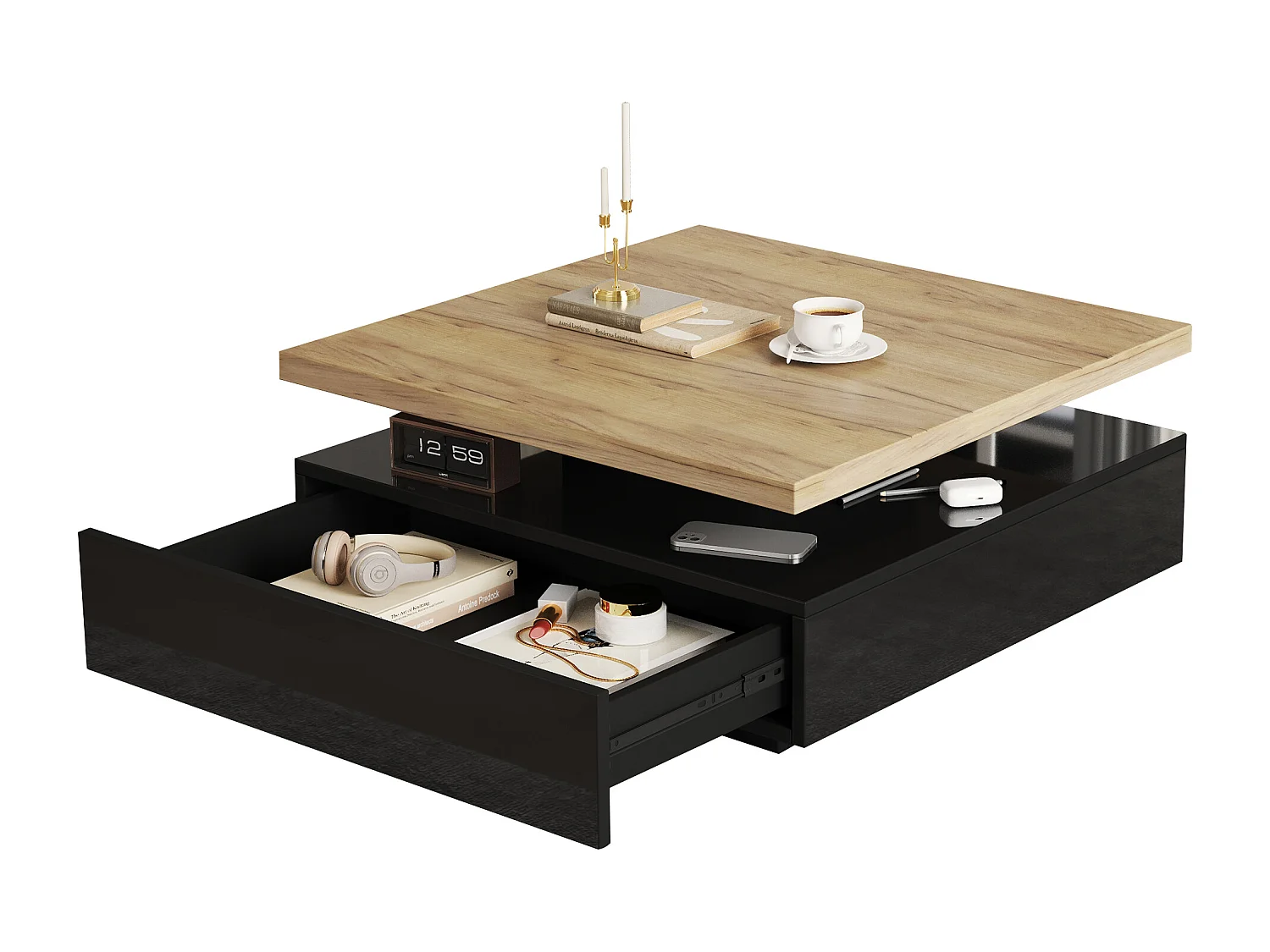 Table basse carrée avec 1 tiroir + plateau pivotant à 360° - 70 x 70 x 36 cm - aggloméré - noir + naturel