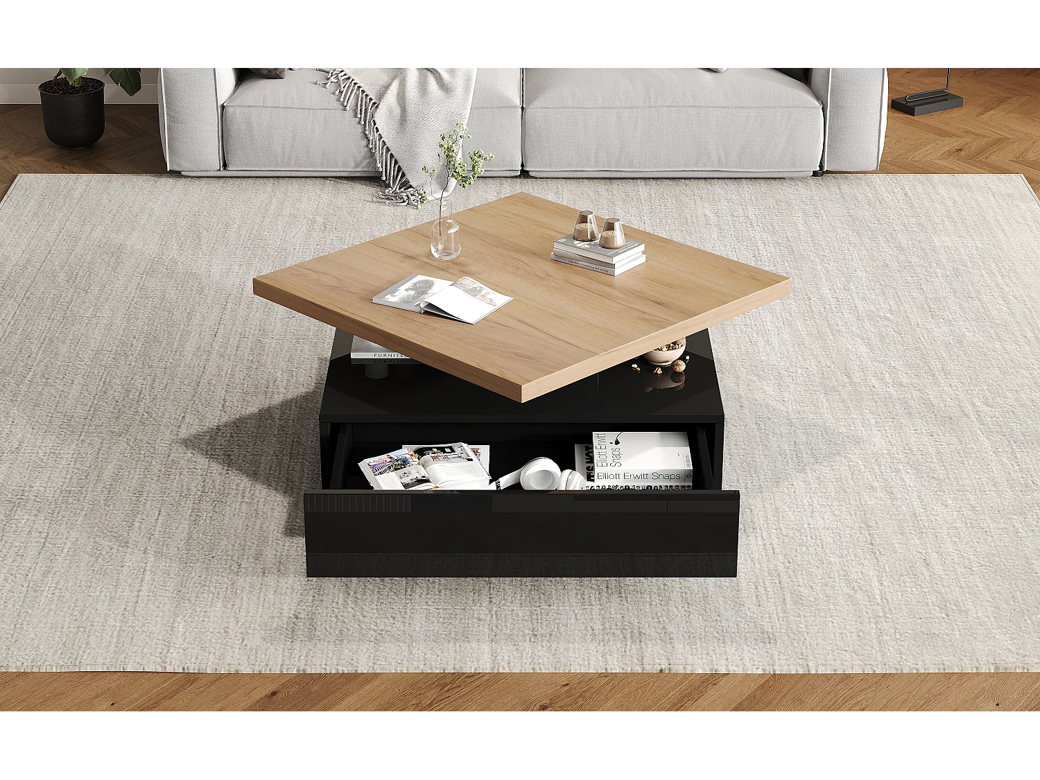 Table basse carrée avec 1 tiroir + plateau pivotant à 360° - 70 x 70 x 36 cm - aggloméré - noir + naturel