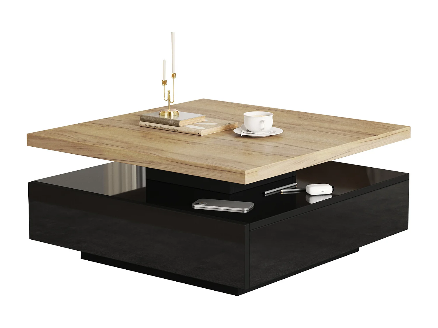 Table basse carrée avec 1 tiroir + plateau pivotant à 360° - 70 x 70 x 36 cm - aggloméré - noir + naturel