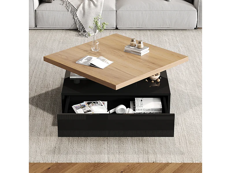 Table basse carrée avec 1 tiroir + plateau pivotant à 360° - 70 x 70 x 36 cm - aggloméré - noir + naturel