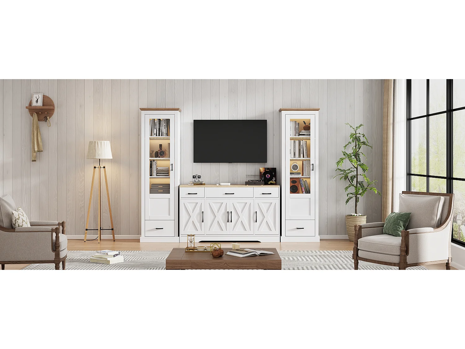 Wohnzimmermöbel-Set – 2 moderne Vitrinen mit LED-Beleuchtung + 1 Sideboard mit 4 Türen + 3 Schubladen – Spanplatte – weiß