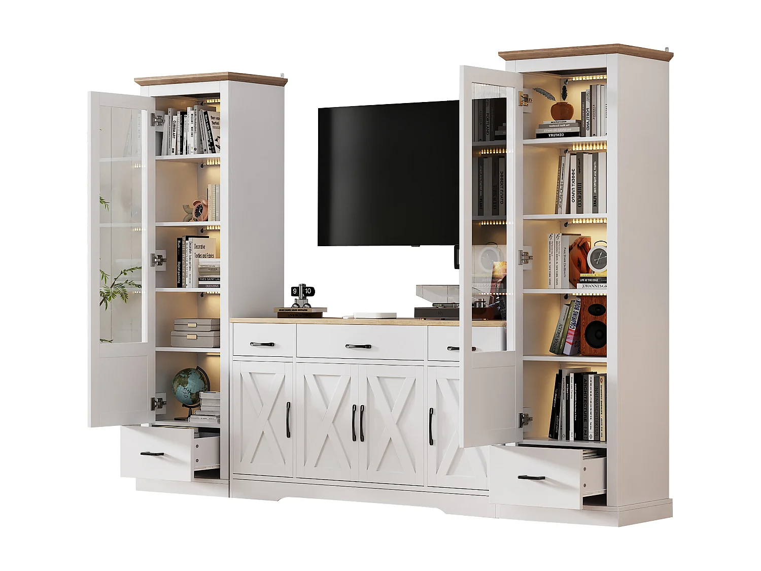 Wohnzimmermöbel-Set – 2 moderne Vitrinen mit LED-Beleuchtung + 1 Sideboard mit 4 Türen + 3 Schubladen – Spanplatte – weiß