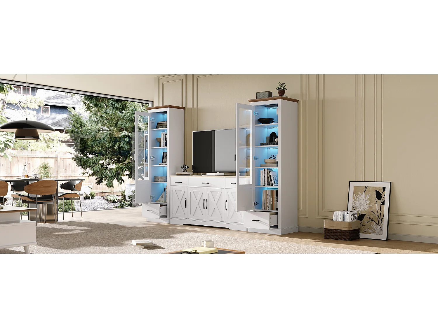 Wohnzimmermöbel-Set – 2 moderne Vitrinen mit LED-Beleuchtung + 1 Sideboard mit 4 Türen + 3 Schubladen – Spanplatte – weiß