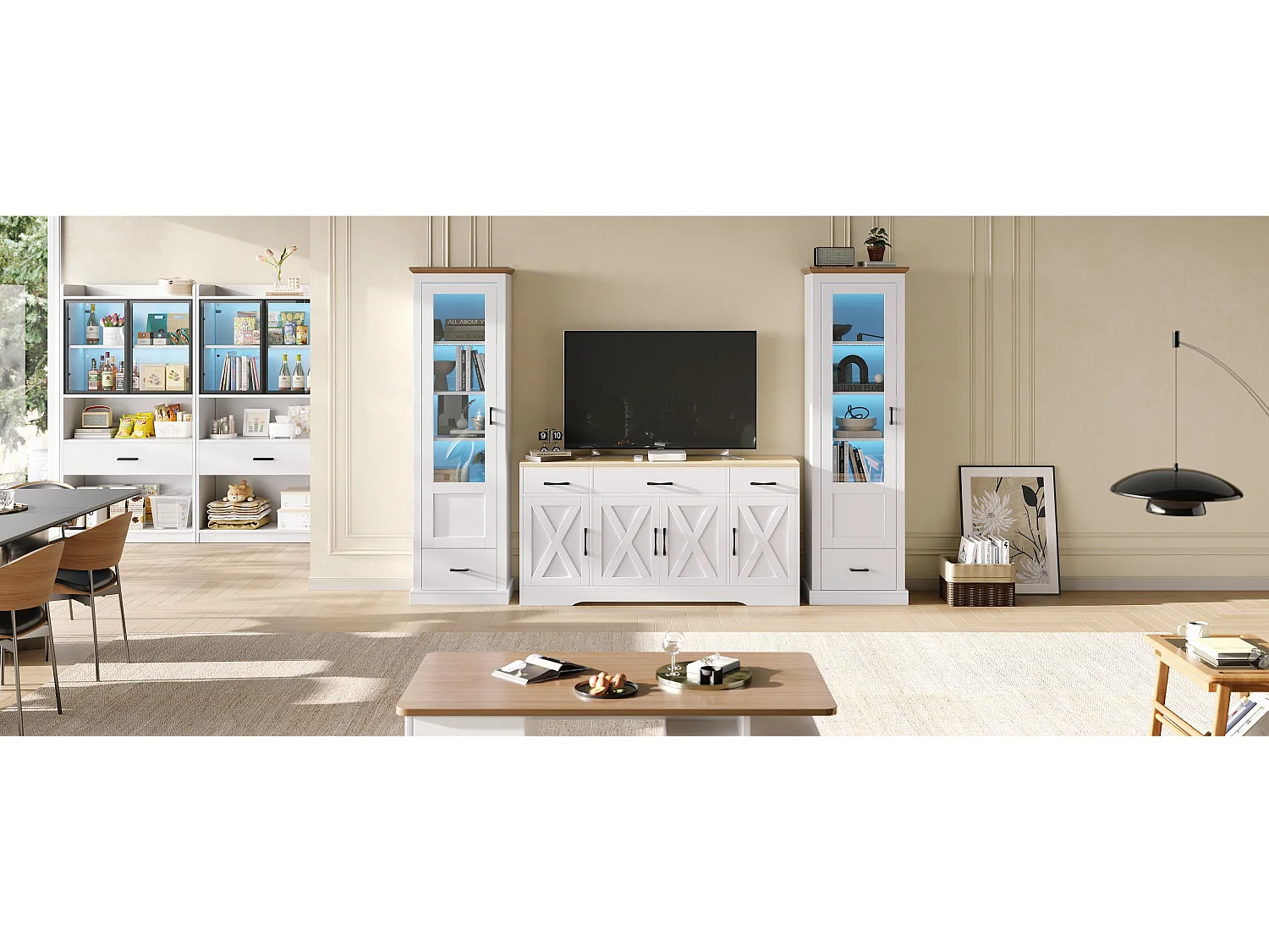 Wohnzimmermöbel-Set – 2 moderne Vitrinen mit LED-Beleuchtung + 1 Sideboard mit 4 Türen + 3 Schubladen – Spanplatte – weiß