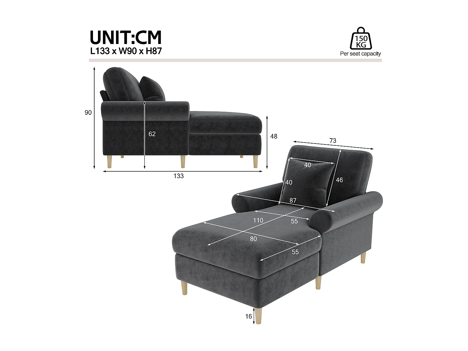 Fauteuil/canapé rembourré lounge - 133 x 87 x 90 cm - pouf pour salon et chambre - velours - gris