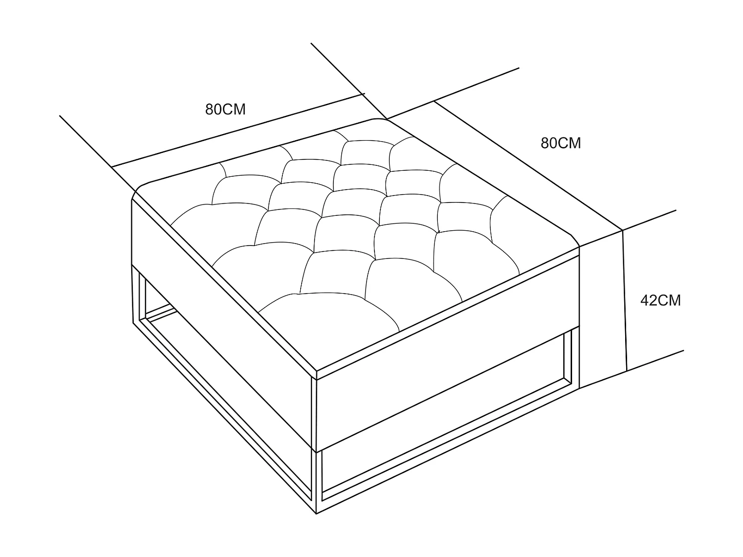 Pouf Coffre TIROIRS Carré Plateau Velours Capitonné Beige 80x80x43cm 2 Tiroirs