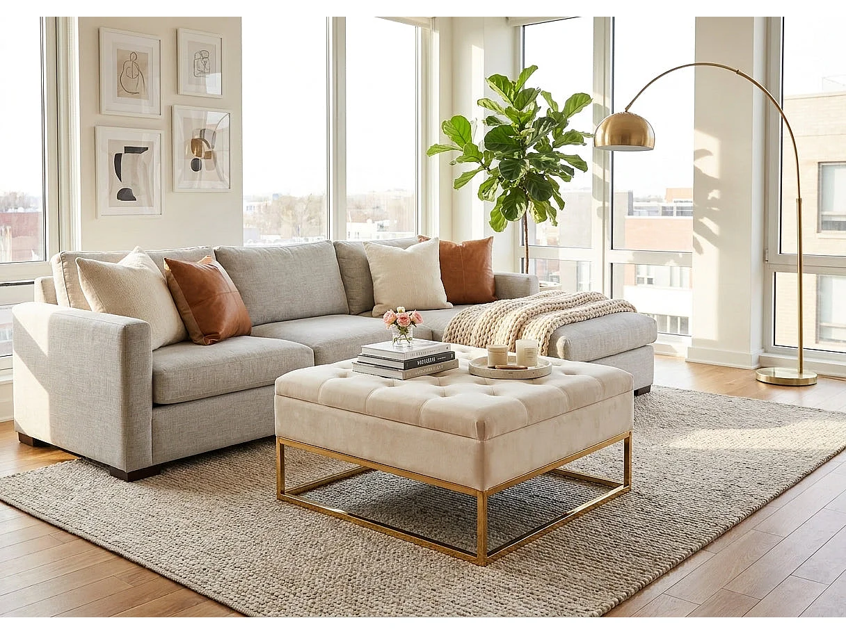 Table basse pouf velours beige 80x80 cm - CAPITONNE