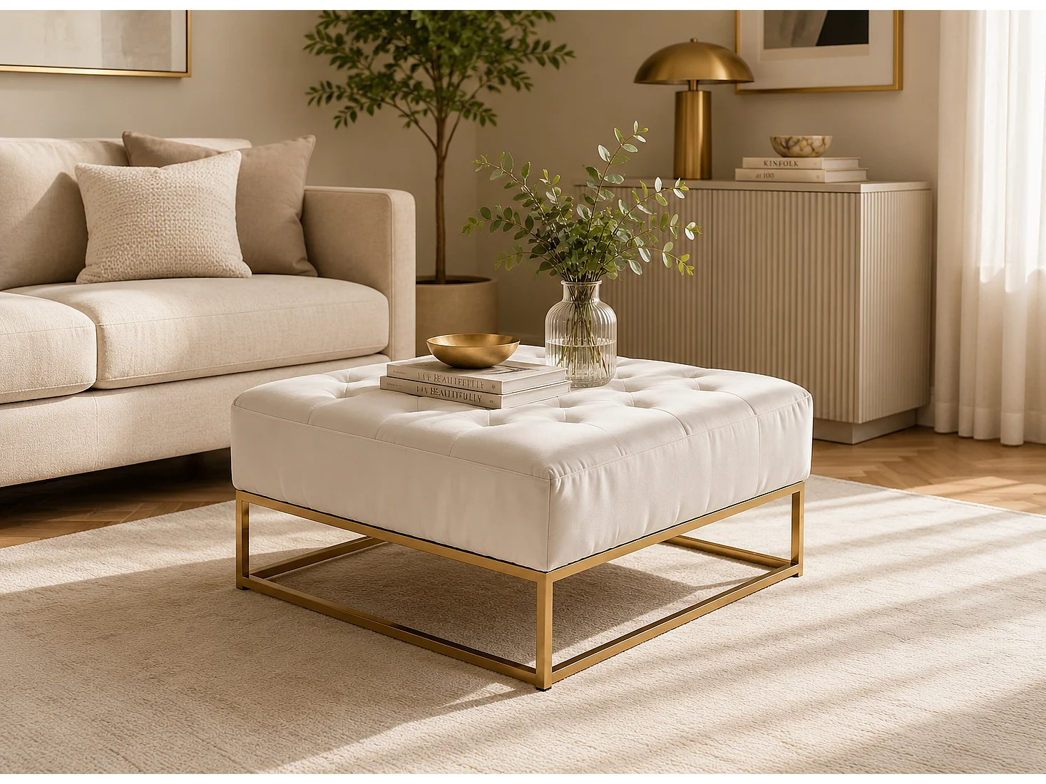 Table basse pouf velours beige 80x80 cm - CAPITONNE