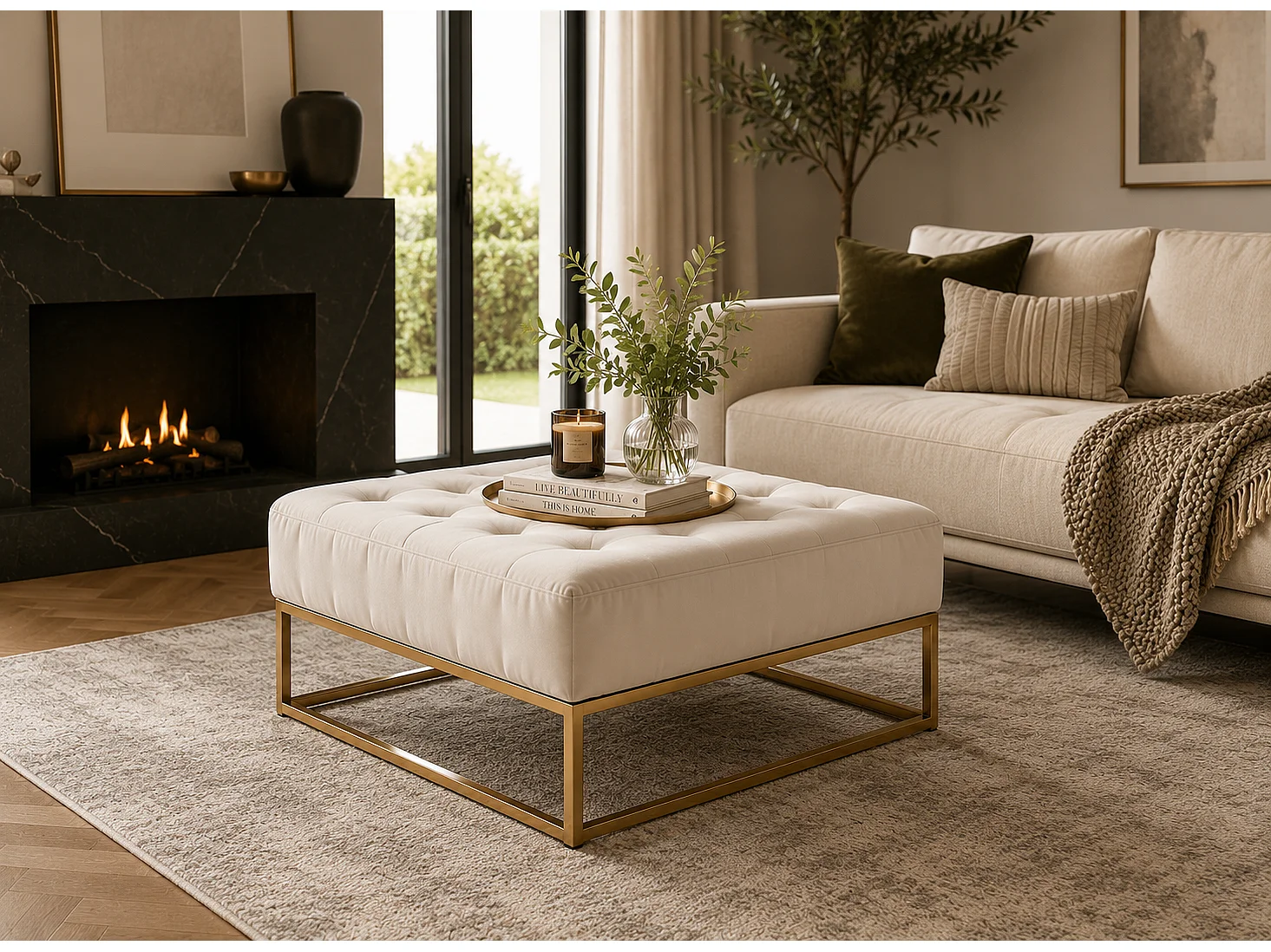 Table basse pouf velours beige 80x80 cm - CAPITONNE