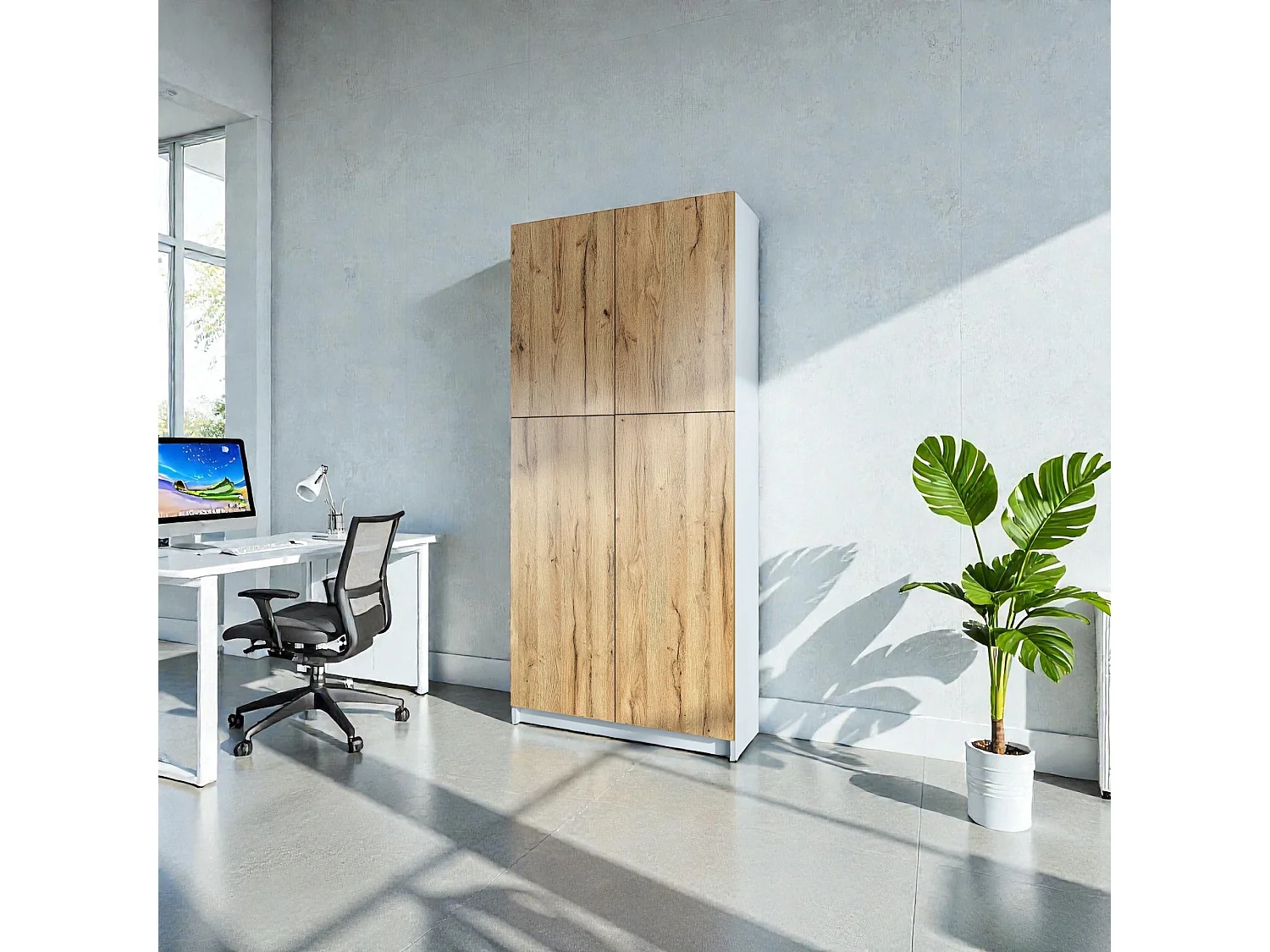 InnoFurn Aktenschrank Elona M1, Büroschrank mit Soft-Close & Push-to-Open, Aufbewahrungschrank, Büro, Home Office. Wohnzimer, Weiß/Eiche Natur (82 x 184 x 37 cm)