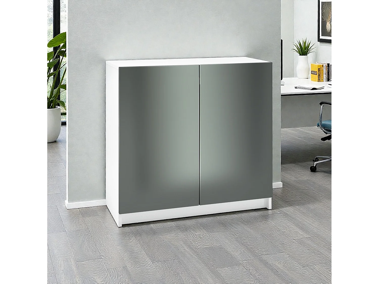 InnoFurn Kommode Elona, Büroschrank mit Soft-Close & Push-to-Open, Aktenschrank, Bürokommode, Home Office & Büro, Weiß/Anthrazit matt (82 x 78 x 37 cm)