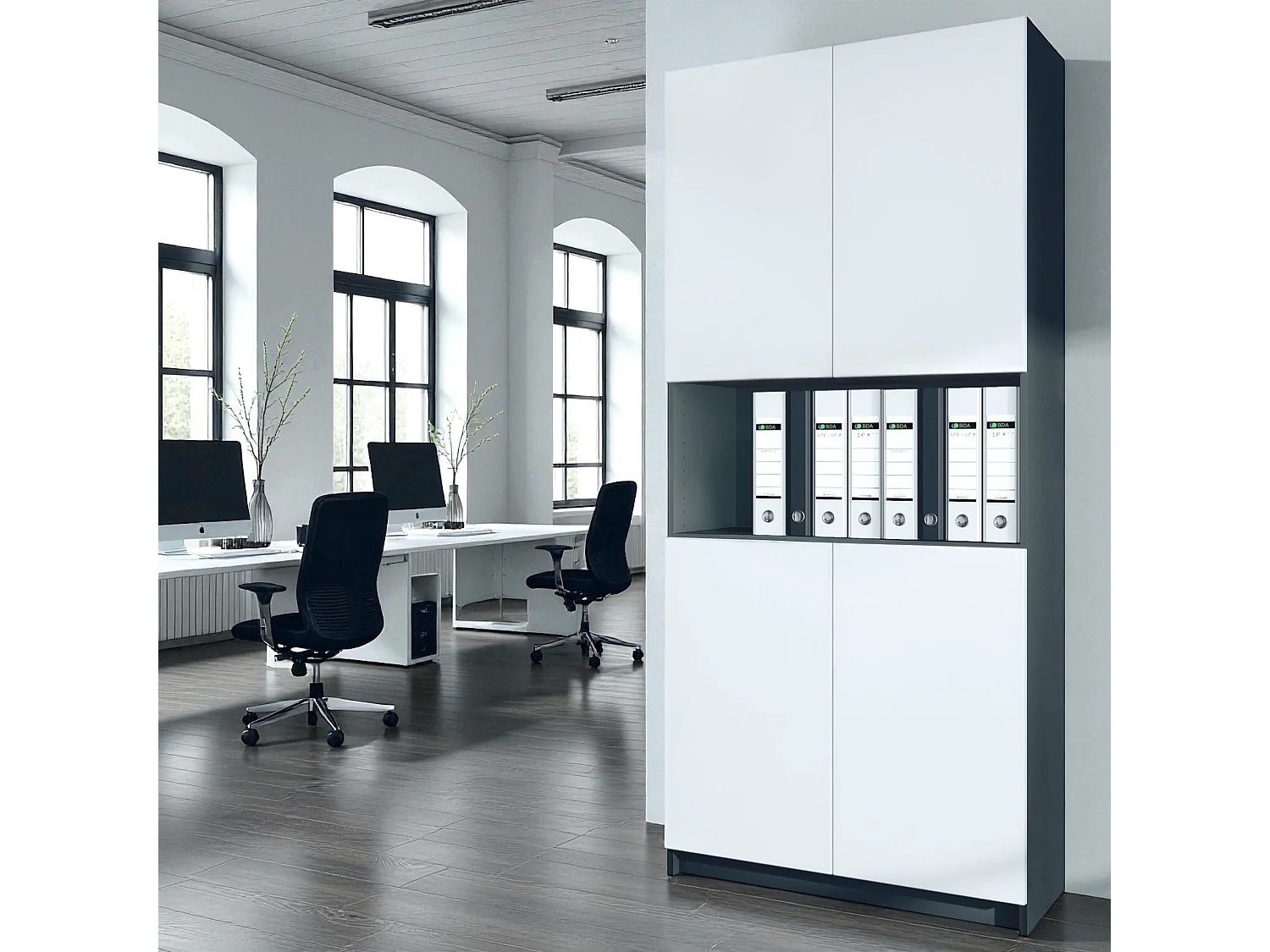 InnoFurn Aktenschrank Elona M2, Büroschrank mit Soft-Close & Push-to-Open, Aufbewahrungschrank, Büro, Home Office. Wohnzimer, Schwarz/Weiß matt (82 x 184 x 37 cm)