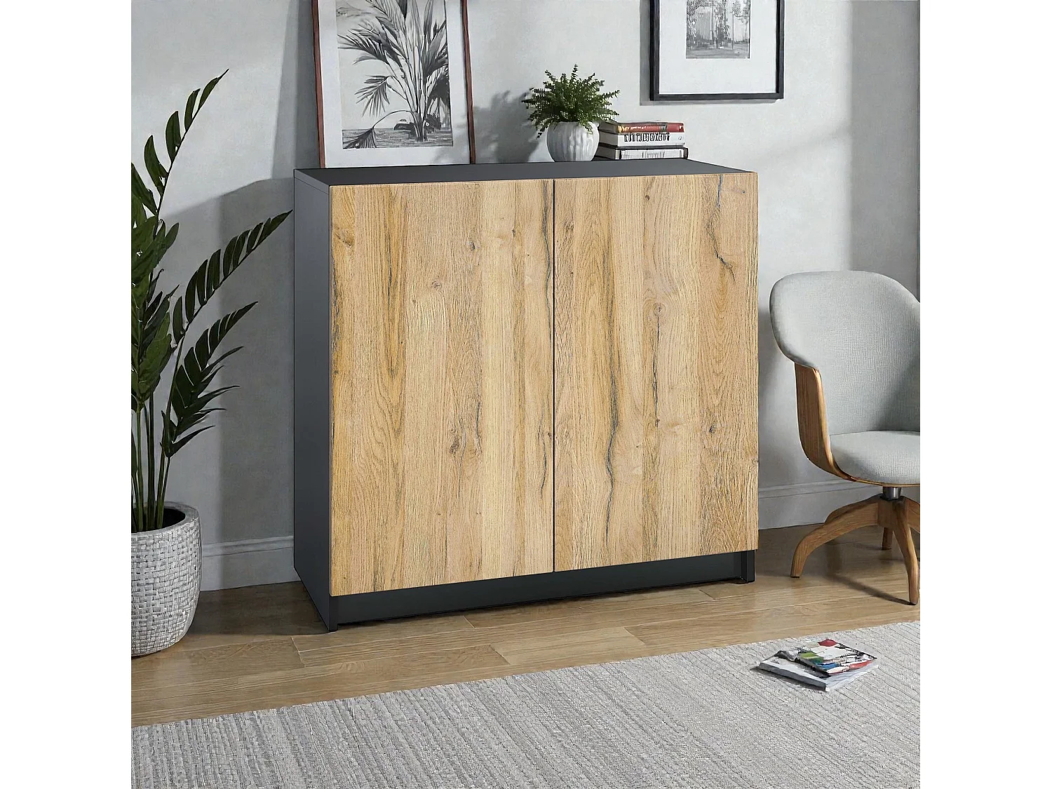 InnoFurn Kommode Elona, Büroschrank mit Soft-Close & Push-to-Open, Aktenschrank, Bürokommode, Home Office & Büro, Schwarz/Eiche Natur (82 x 78 x 37 cm)