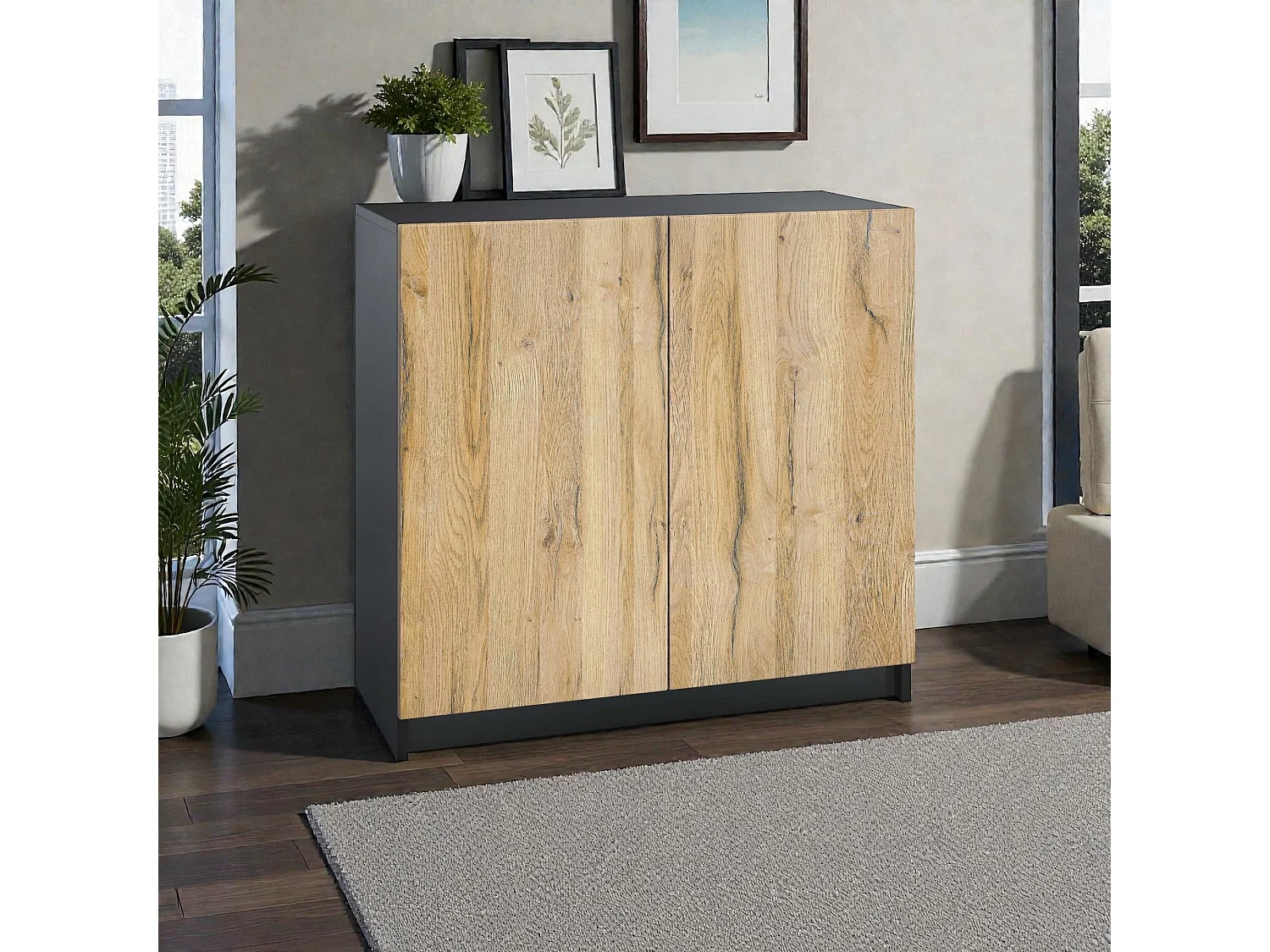 InnoFurn Kommode Elona, Büroschrank mit Soft-Close & Push-to-Open, Aktenschrank, Bürokommode, Home Office & Büro, Schwarz/Eiche Natur (82 x 78 x 37 cm)