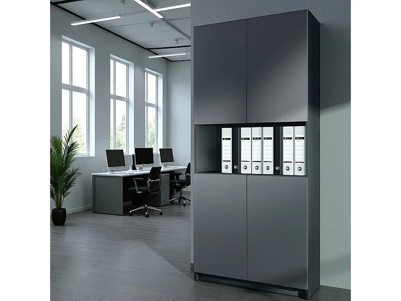 InnoFurn Aktenschrank Elona M2, Büroschrank mit Soft-Close & Push-to-Open, Aufbewahrungschrank, Büro, Wohnzimer, Schwarz/Anthrazit matt (82 x 184 x 37 cm)