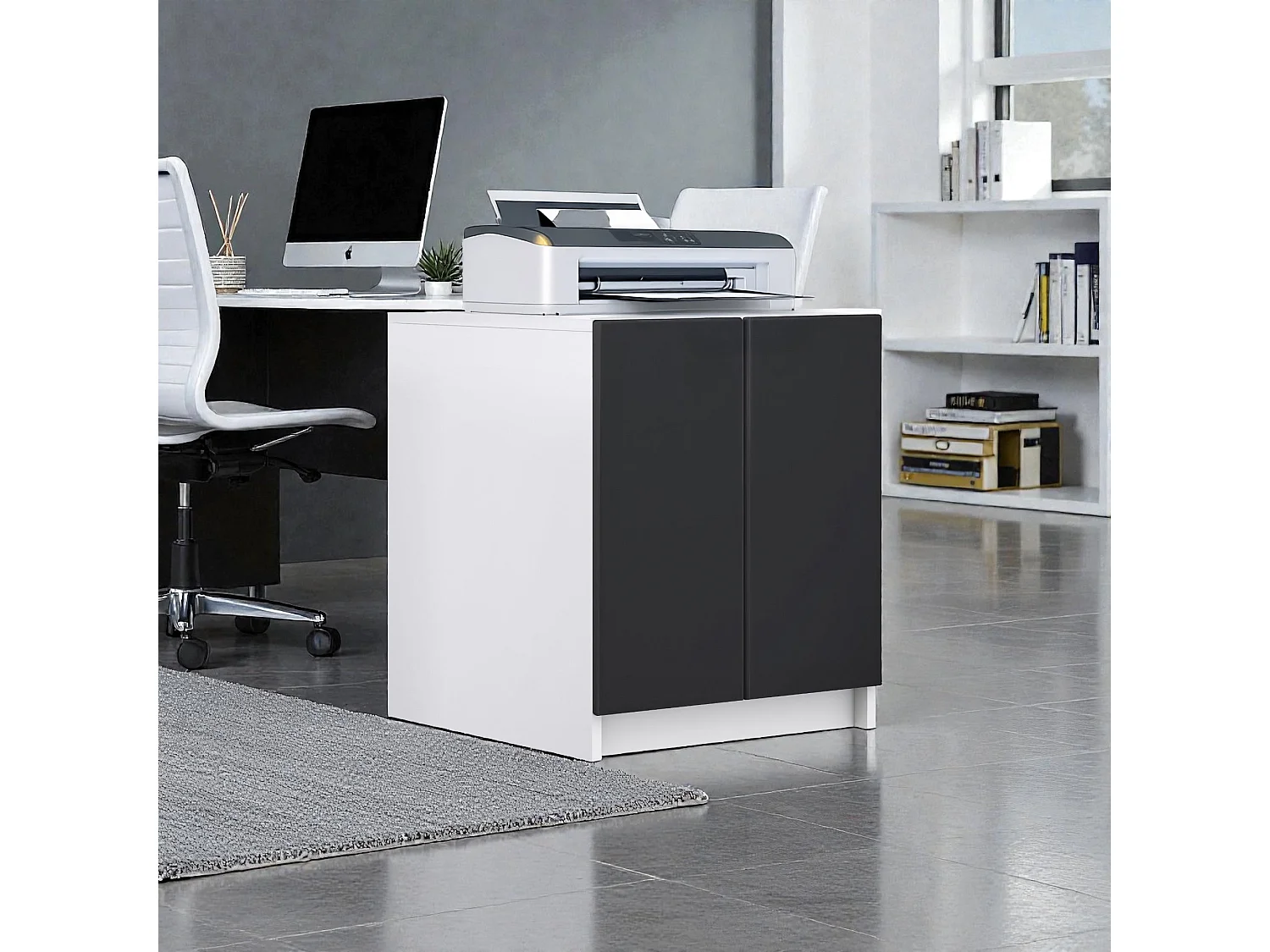 InnoFurn Druckerschrank Elona, Druckerkommode mit Soft-Close & Push-to-Open, Druckertisch, Büromöbel, Home Office & Büro, Weiß/Schwarz matt (51 x 60,5 x 54 cm)