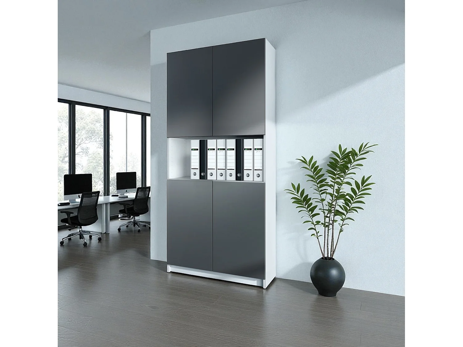 InnoFurn Aktenschrank Elona M2, Büroschrank mit Soft-Close & Push-to-Open, Aufbewahrungschrank, Büro, Wohnzimer, Weiß/ Anthrazit matt (82 x 184 x 37 cm)