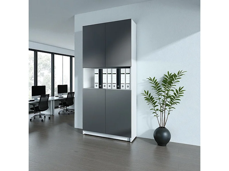 InnoFurn Aktenschrank Elona M2, Büroschrank mit Soft-Close & Push-to-Open, Aufbewahrungschrank, Büro, Wohnzimer, Weiß/ Anthrazit matt (82 x 184 x 37 cm)