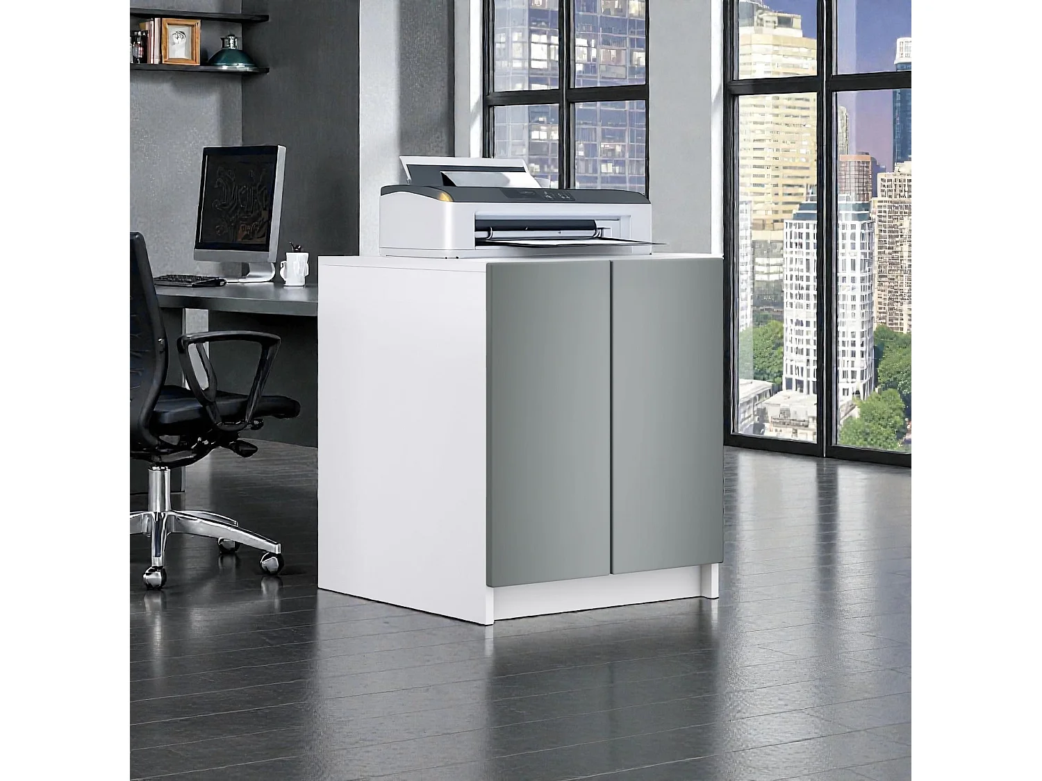 InnoFurn Druckerschrank Elona, Druckerkommode mit Soft-Close & Push-to-Open, Druckertisch, Büromöbel, Home Office & Büro, Weiß/Anthrazit matt (51 x 60,5 x 54 cm)