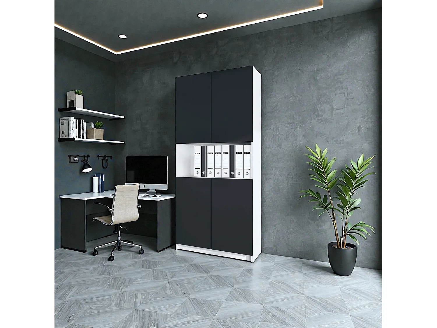 InnoFurn Aktenschrank Elona M2, Büroschrank mit Soft-Close & Push-to-Open, Aufbewahrungschrank, Büro, Home Office. Wohnzimer, Weiß/Schwarz matt (82 x 184 x 37 cm)