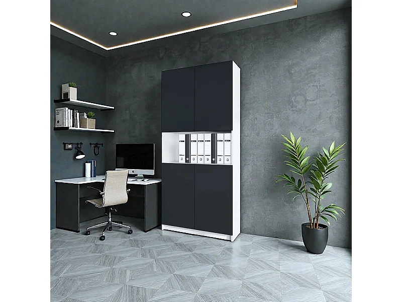 InnoFurn Aktenschrank Elona M2, Büroschrank mit Soft-Close & Push-to-Open, Aufbewahrungschrank, Büro, Home Office. Wohnzimer, Weiß/Schwarz matt (82 x 184 x 37 cm)