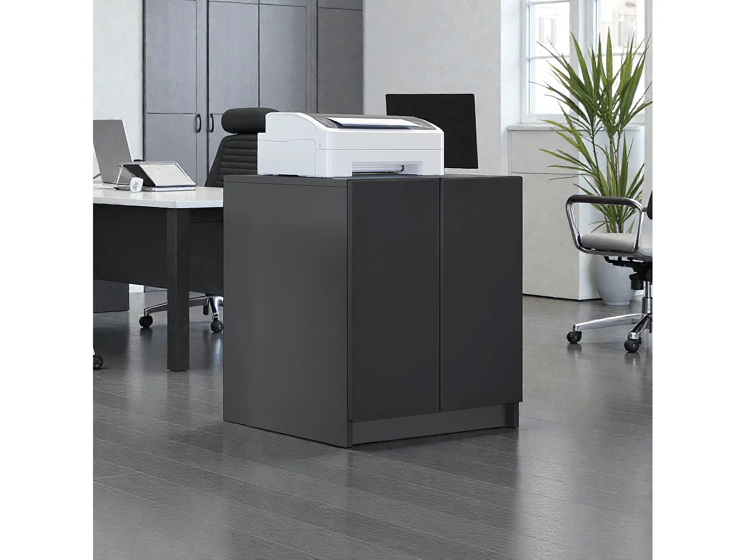 InnoFurn Druckerschrank Elona, Druckerkommode mit Soft-Close & Push-to-Open, Druckertisch, Büromöbel, Home Office & Büro, Schwarz matt (51 x 60,5 x 54 cm)