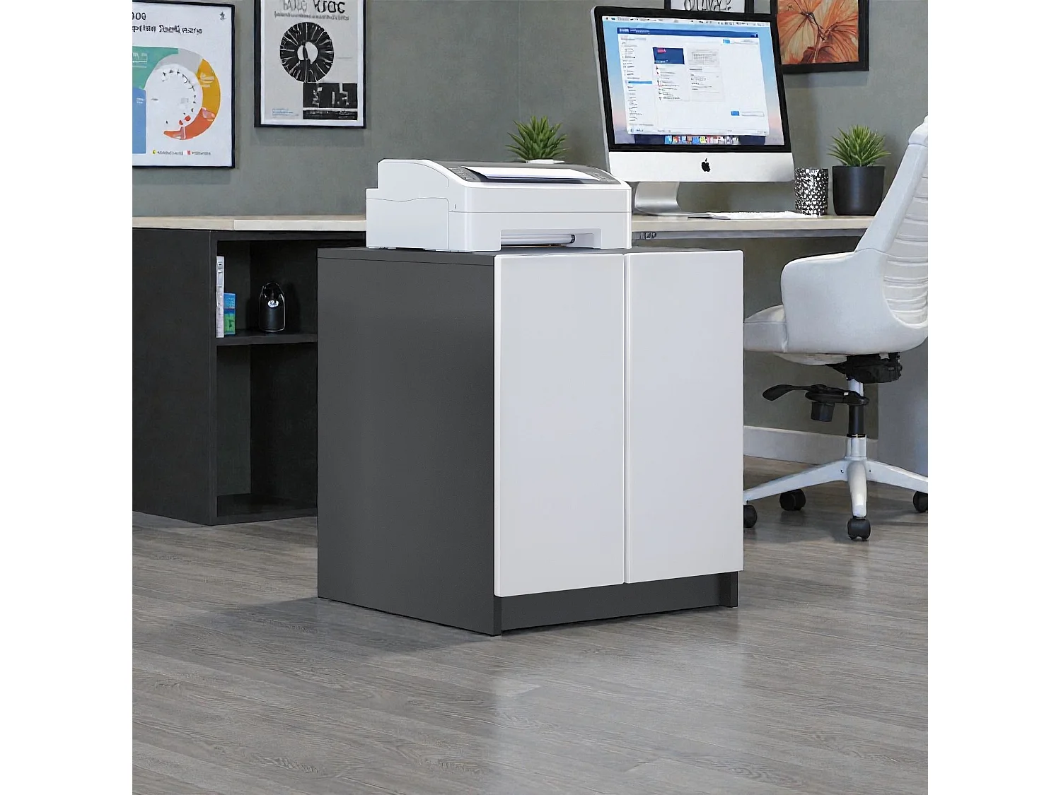 InnoFurn Druckerschrank Elona, Druckerkommode mit Soft-Close & Push-to-Open, Druckertisch, Büromöbel, Home Office & Büro, Schwarz/Weiß matt (51 x 60,5 x 54 cm)