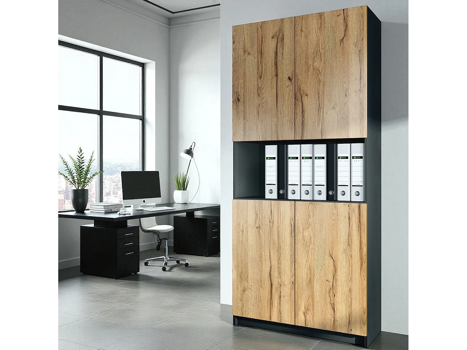 InnoFurn Aktenschrank Elona M2, Büroschrank mit Soft-Close & Push-to-Open, Aufbewahrungschrank, Büro, Home Office. Wohnzimer, Schwarz/Eiche Natur (82 x 184 x 37 cm)