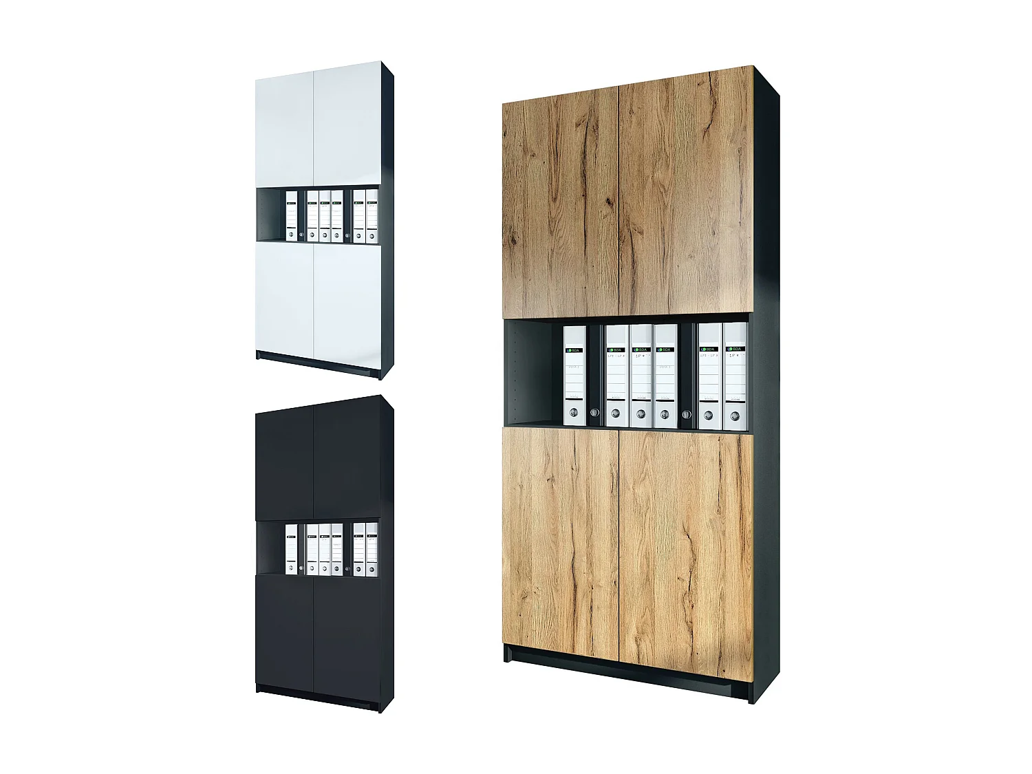 InnoFurn Aktenschrank Elona M2, Büroschrank mit Soft-Close & Push-to-Open, Aufbewahrungschrank, Büro, Home Office. Wohnzimer, Schwarz/Eiche Natur (82 x 184 x 37 cm)