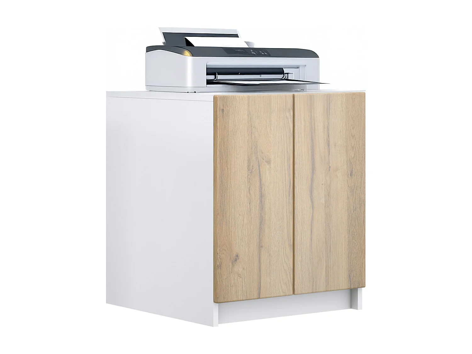InnoFurn Druckerschrank Elona, Druckerkommode mit Soft-Close & Push-to-Open, Druckertisch, Büromöbel, Home Office & Büro, Weiß/Eiche Natur (51 x 60,5 x 54 cm)