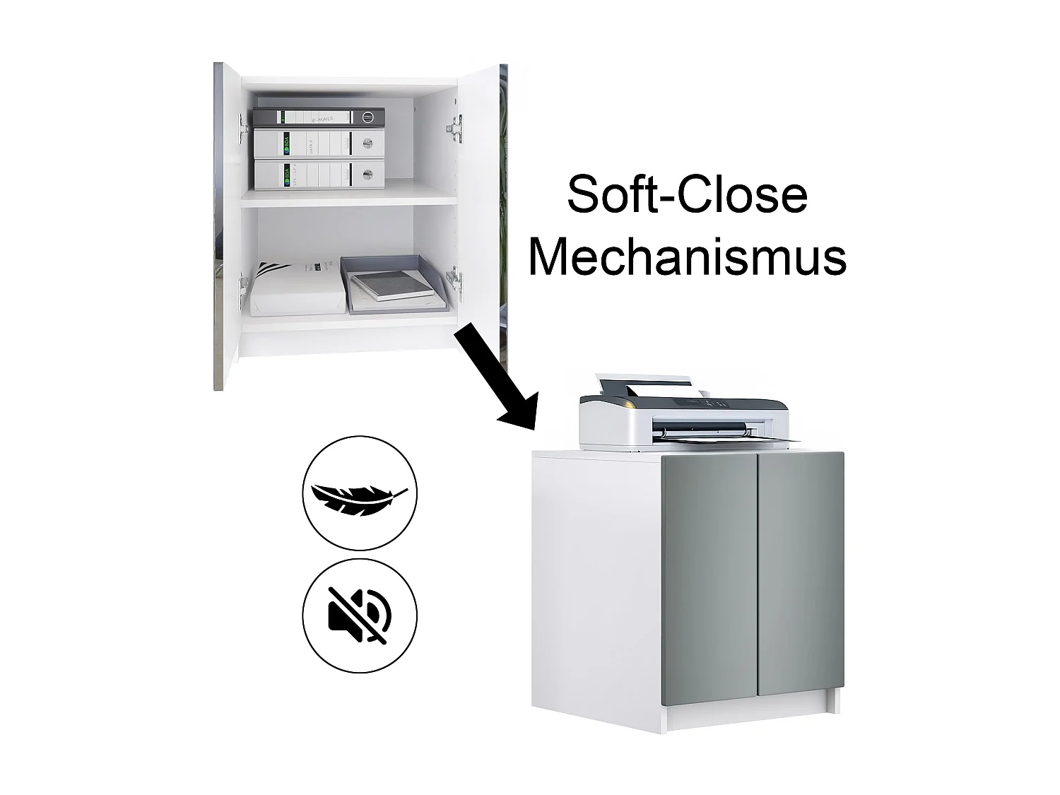 InnoFurn Druckerschrank Elona, Druckerkommode mit Soft-Close & Push-to-Open, Druckertisch, Büromöbel, Home Office & Büro, Weiß/Eiche Natur (51 x 60,5 x 54 cm)