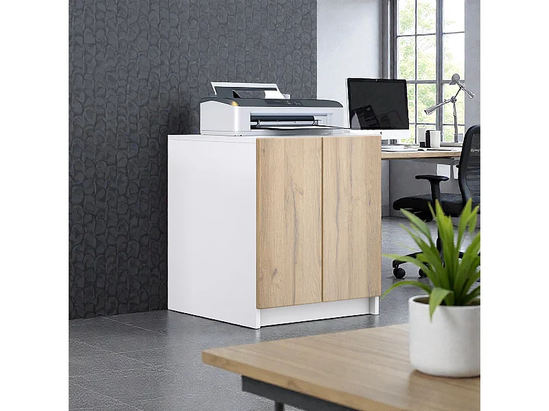 InnoFurn Druckerschrank Elona, Druckerkommode mit Soft-Close & Push-to-Open, Druckertisch, Büromöbel, Home Office & Büro, Weiß/Eiche Natur (51 x 60,5 x 54 cm)