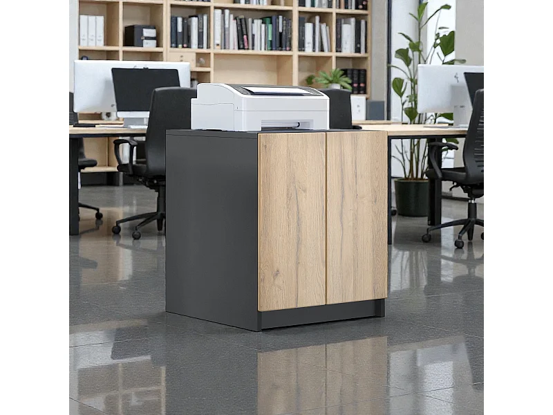 InnoFurn Druckerschrank Elona, Druckerkommode mit Soft-Close & Push-to-Open, Druckertisch, Büromöbel, Home Office & Büro, Schwarz/Eiche Natur (51 x 60,5 x 54 cm)