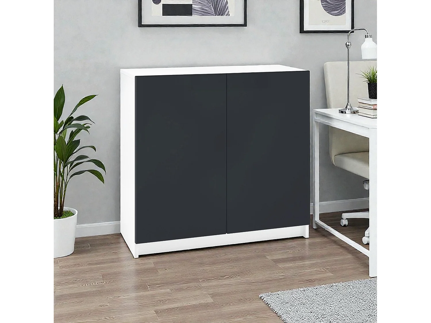 InnoFurn Kommode Elona, Büroschrank mit Soft-Close & Push-to-Open, Aktenschrank, Bürokommode, Home Office & Büro, Weiß/Schwarz matt (82 x 78 x 37 cm)