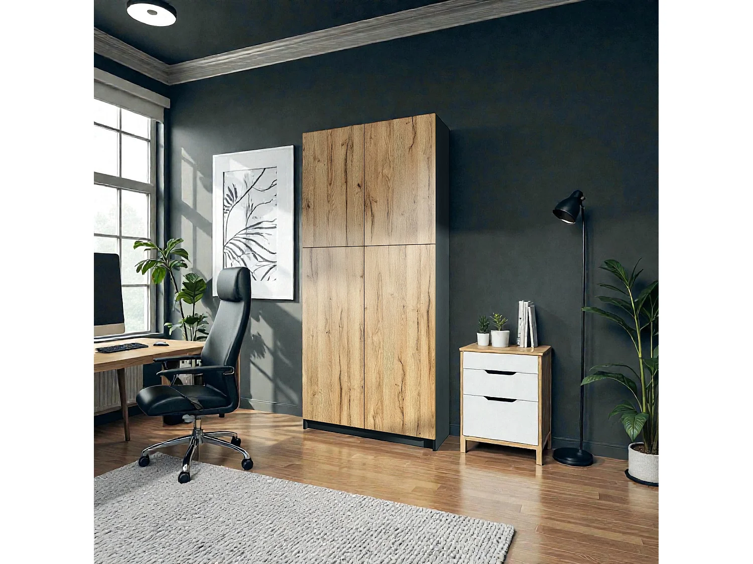 InnoFurn Aktenschrank Elona M1, Büroschrank mit Soft-Close & Push-to-Open, Aufbewahrungschrank, Büro, Home Office. Wohnzimer, Schwarz/Eiche Natur (82 x 184 x 37 cm)
