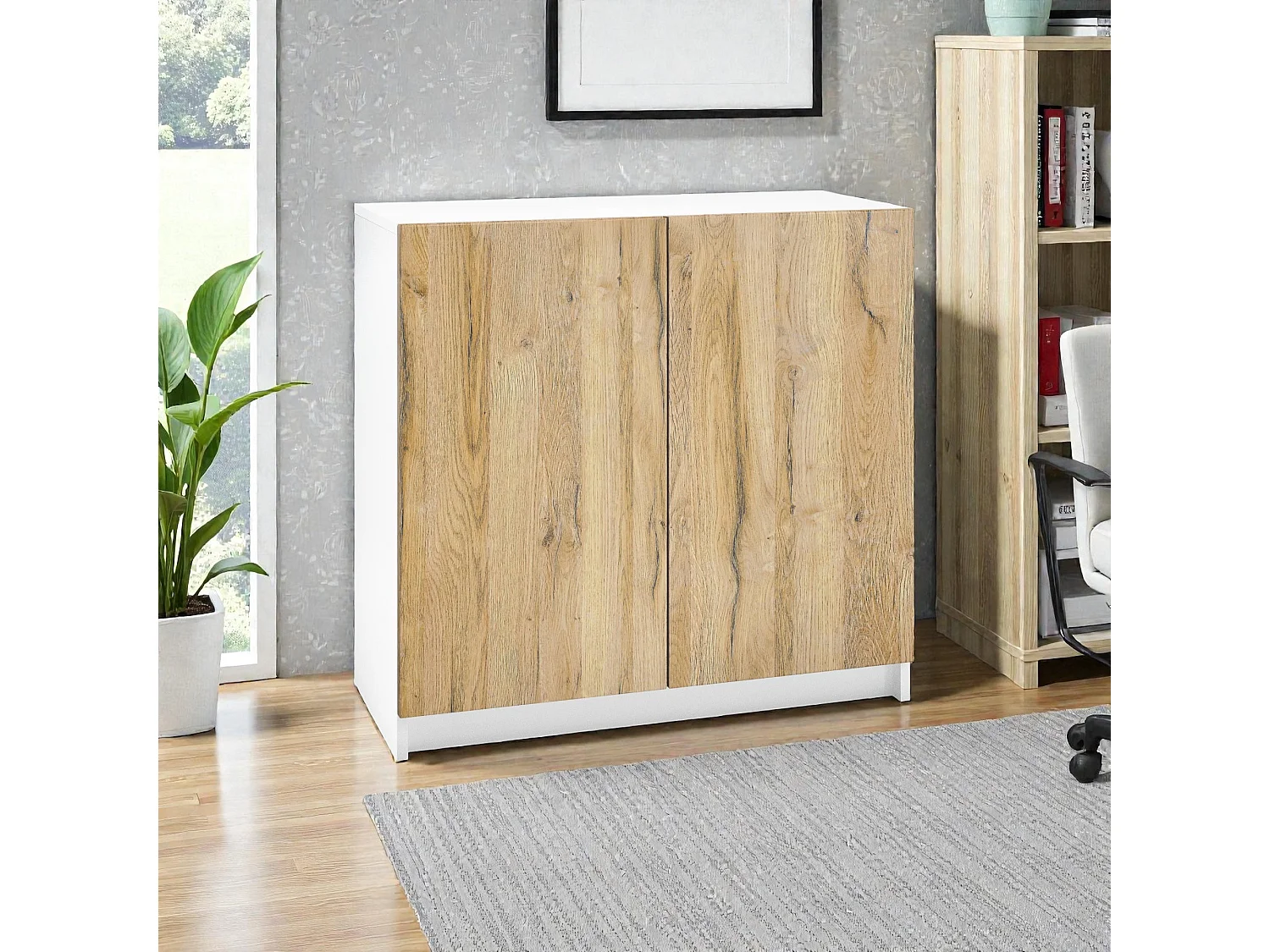 InnoFurn Kommode Elona, Büroschrank mit Soft-Close & Push-to-Open, Aktenschrank, Bürokommode, Home Office & Büro, Weiß/Eiche Natur (82 x 78 x 37 cm)