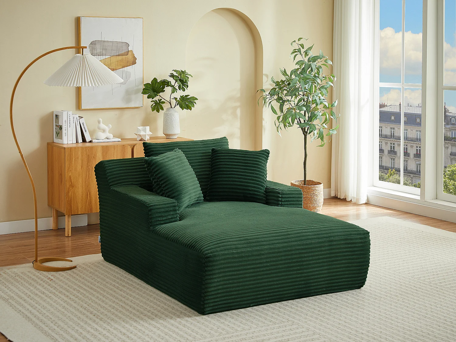 Méridienne en velours côtelé grosses côtes vert DONILIA