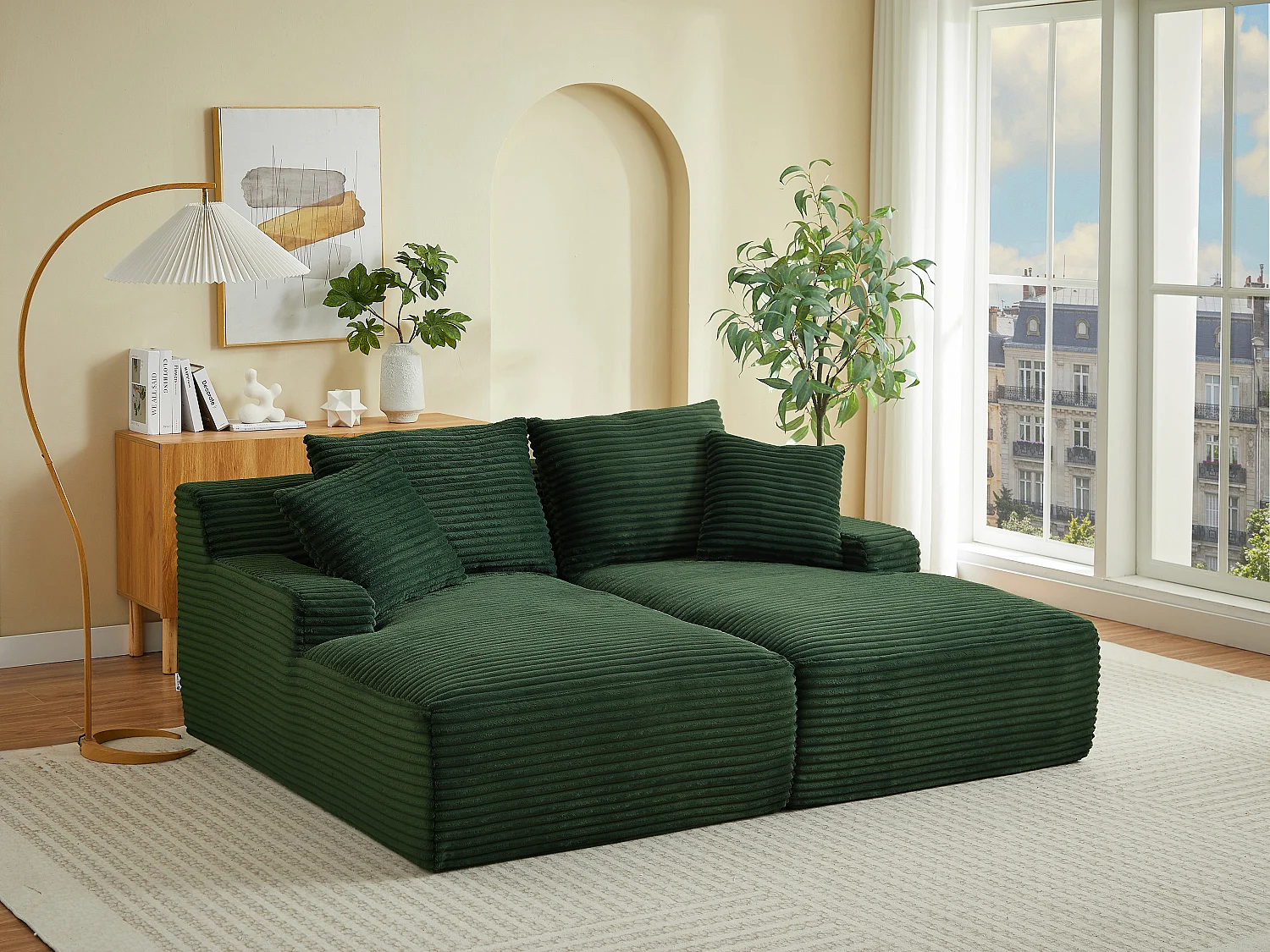 Canapé 3 places confort assise profonde en velours côtelé grosses côtes vert DONILIA