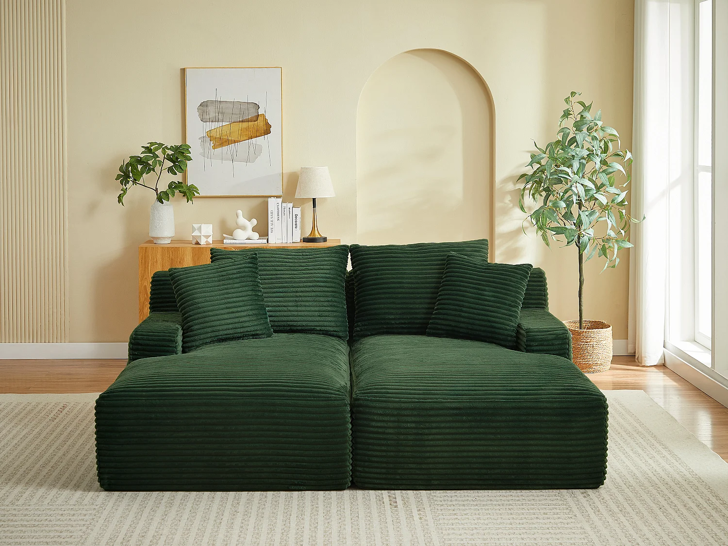Canapé 3 places confort assise profonde en velours côtelé grosses côtes vert DONILIA