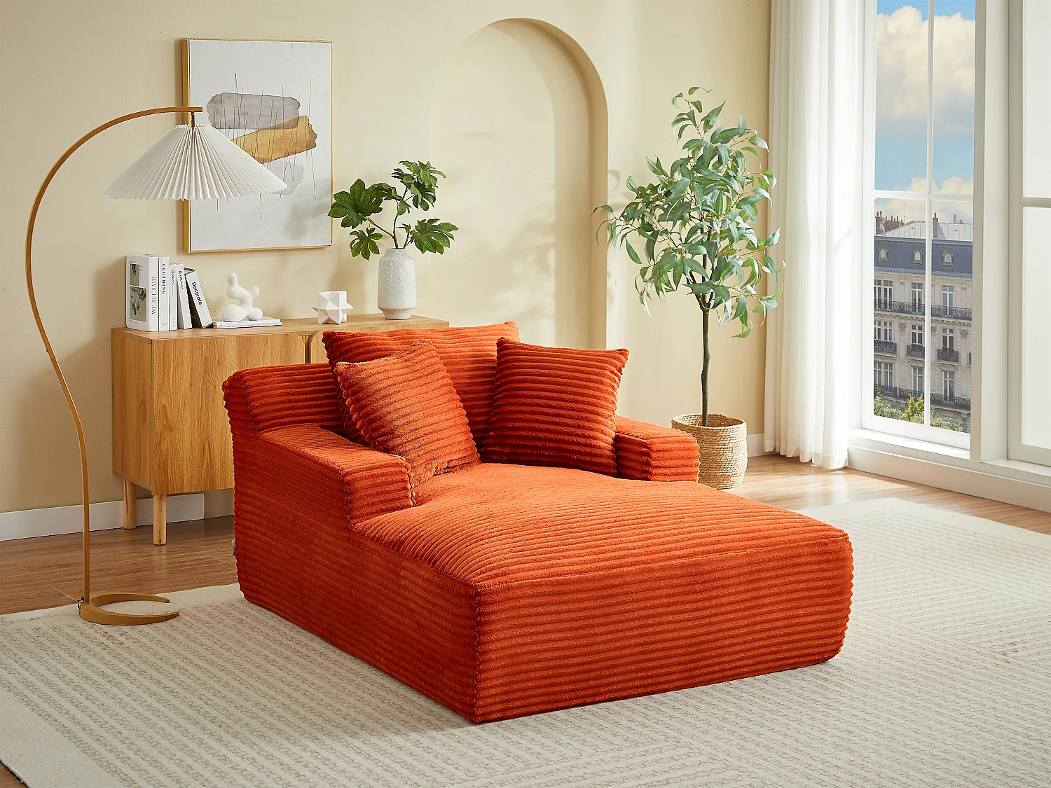 Méridienne en velours côtelé grosses côtes terracotta DONILIA