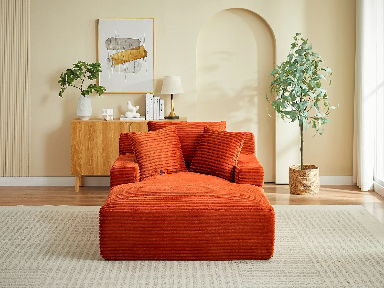 Méridienne en velours côtelé grosses côtes terracotta DONILIA