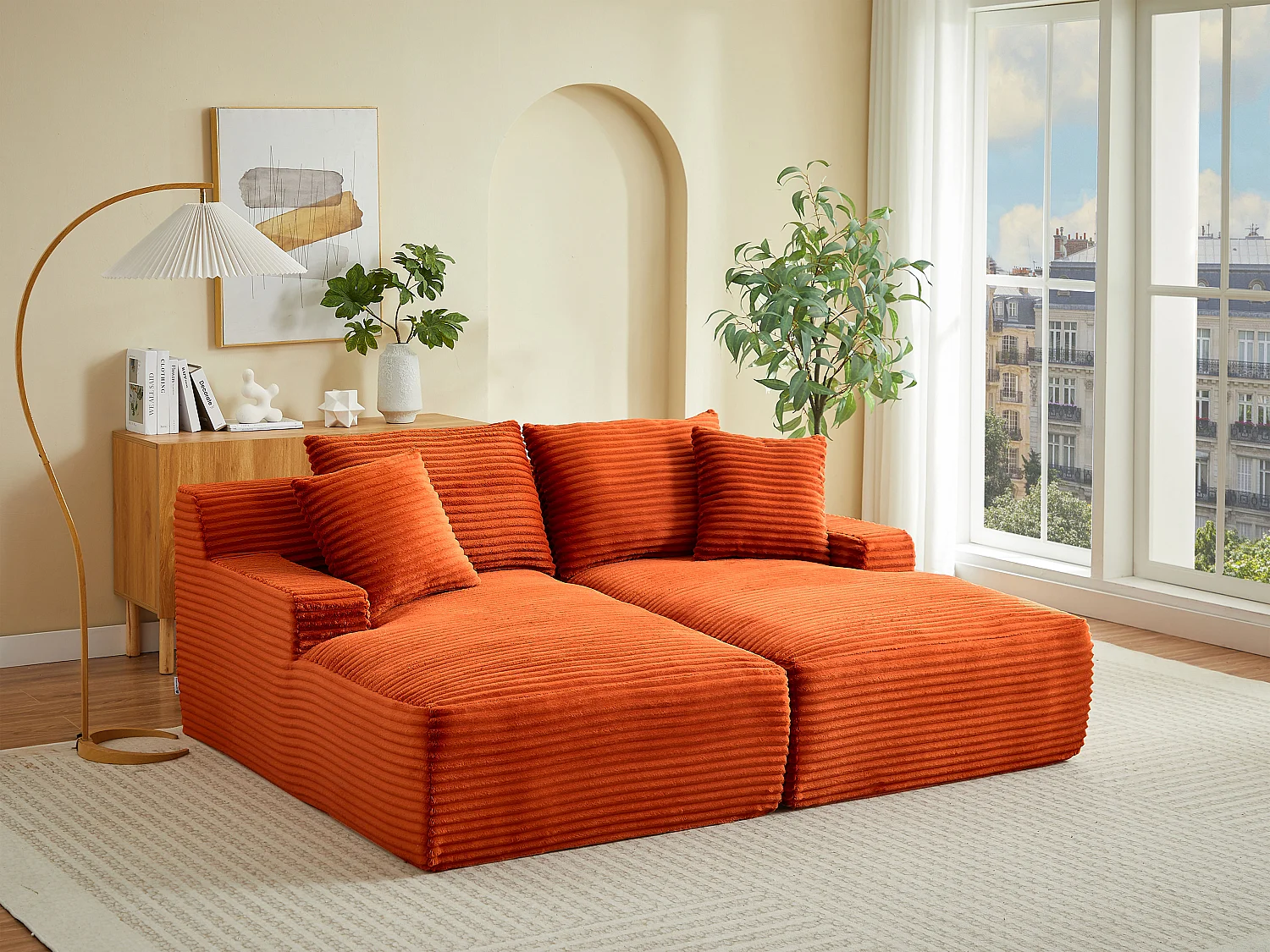 Canapé 3 places confort assise profonde en velours côtelé grosses côtes terracotta DONILIA