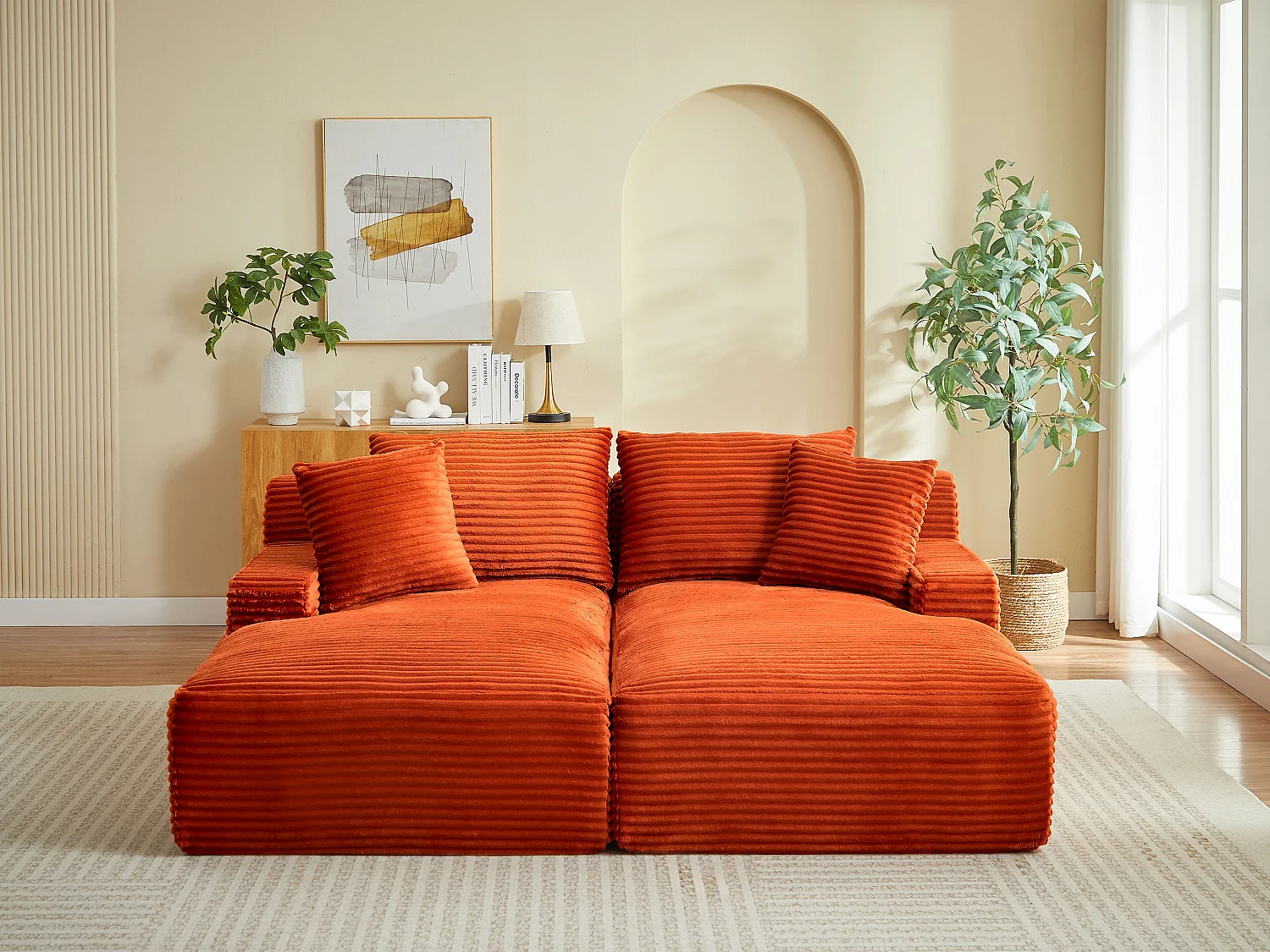 Canapé 3 places confort assise profonde en velours côtelé grosses côtes terracotta DONILIA