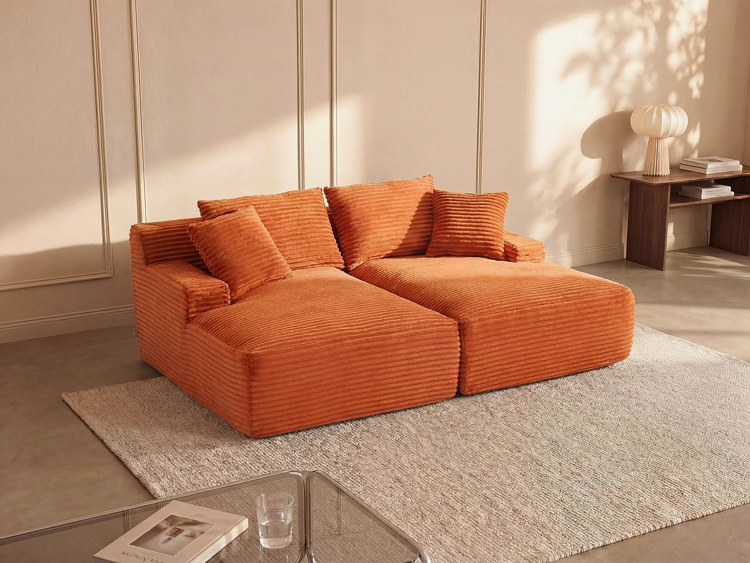 Divano 3 posti comfort con seduta profonda in velluto a coste grosse terracotta - DONILIA