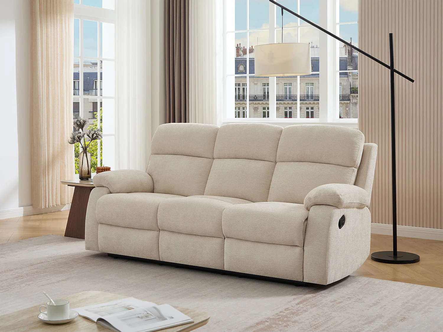 Canapé 3 places relax en tissu texturé beige TOLZANO