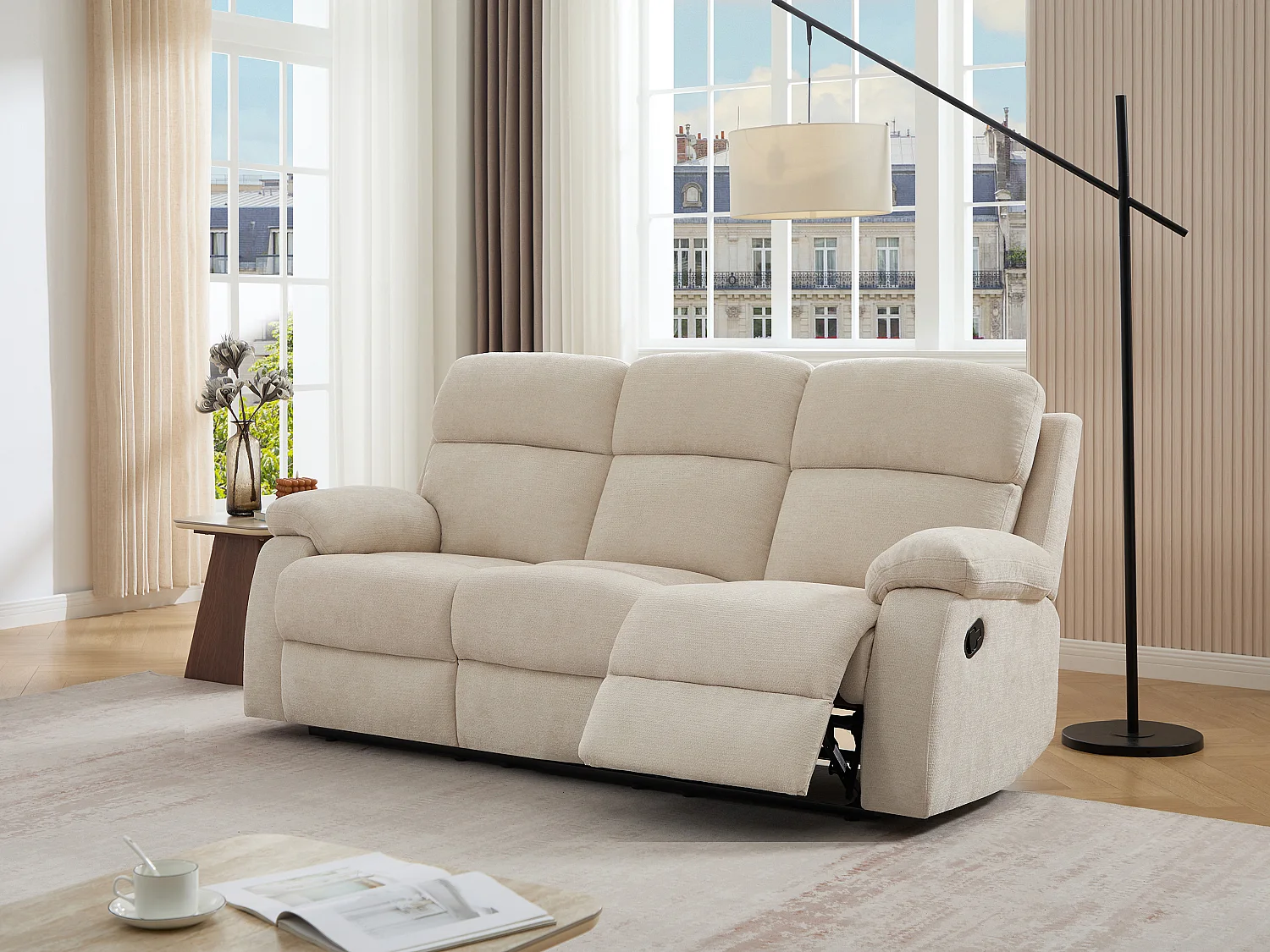 Canapé 3 places relax en tissu texturé beige TOLZANO