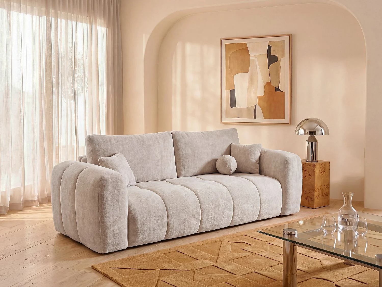 3-personers sovesofa med ekspres-funktion i beige chenillestof - Soveplads 140 cm - Madras 13 cm memory foam BRIVANO