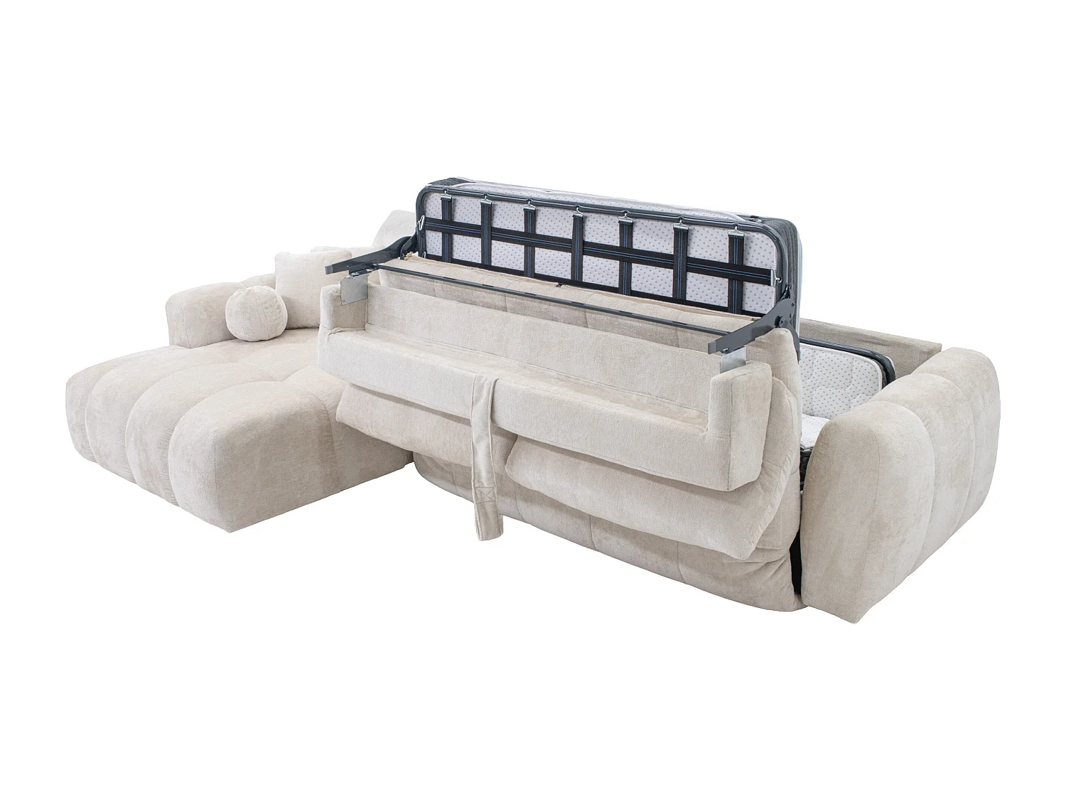 Canapé d'angle gauche convertible express en tissu  chenille beige - Couchage 140 cm - Matelas 13 cm mémoire de forme BRIVANO