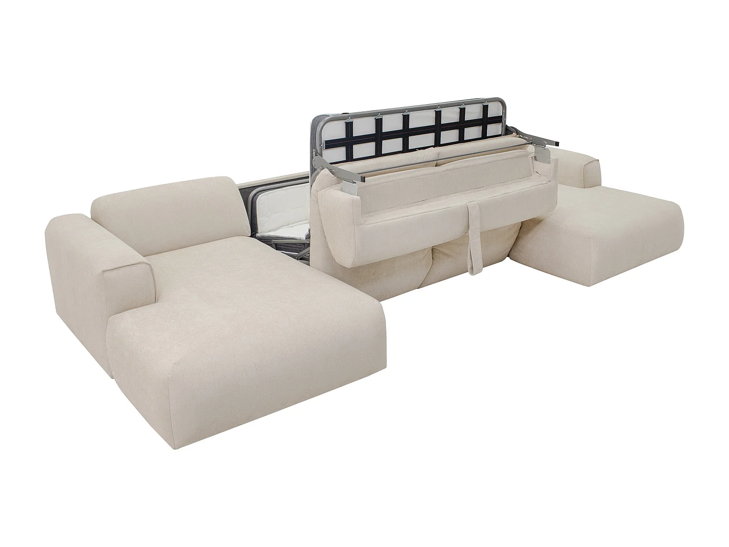 Canapé d'angle panoramique convertible express en tissu beige - Couchage 140 cm -  Matelas 13 cm mémoire de forme POGNI